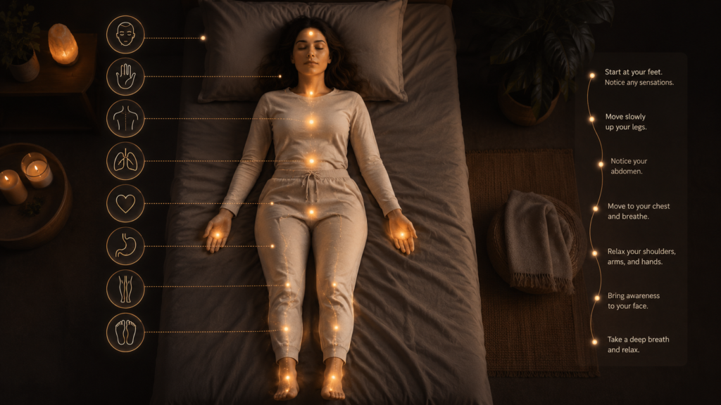 Mindful body scan technique for calming the mind and reducing nighttime overthinking.