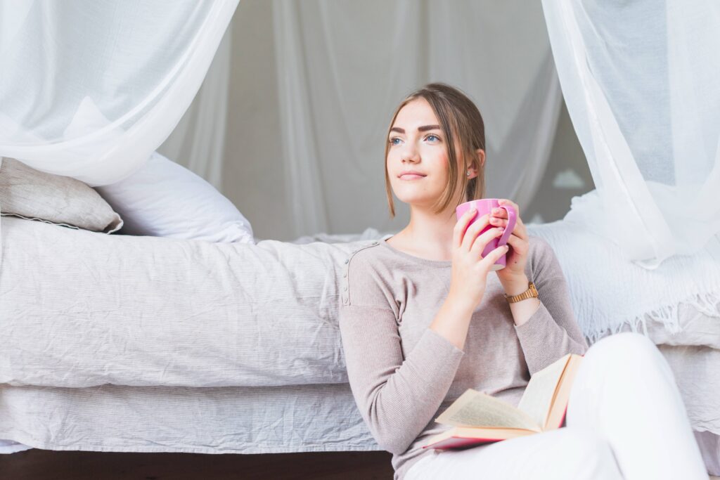 Woman starting her morning without immediately checking her phone.