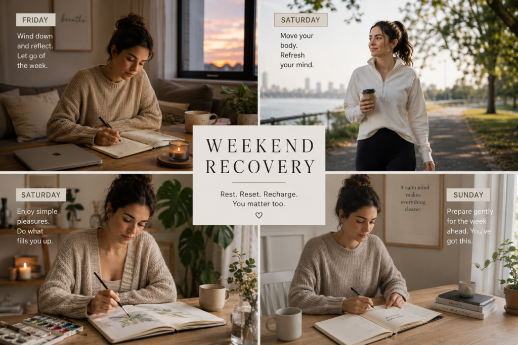 A simple 24-hour mental reset routine involving rest, movement, hobbies, and gentle preparation.