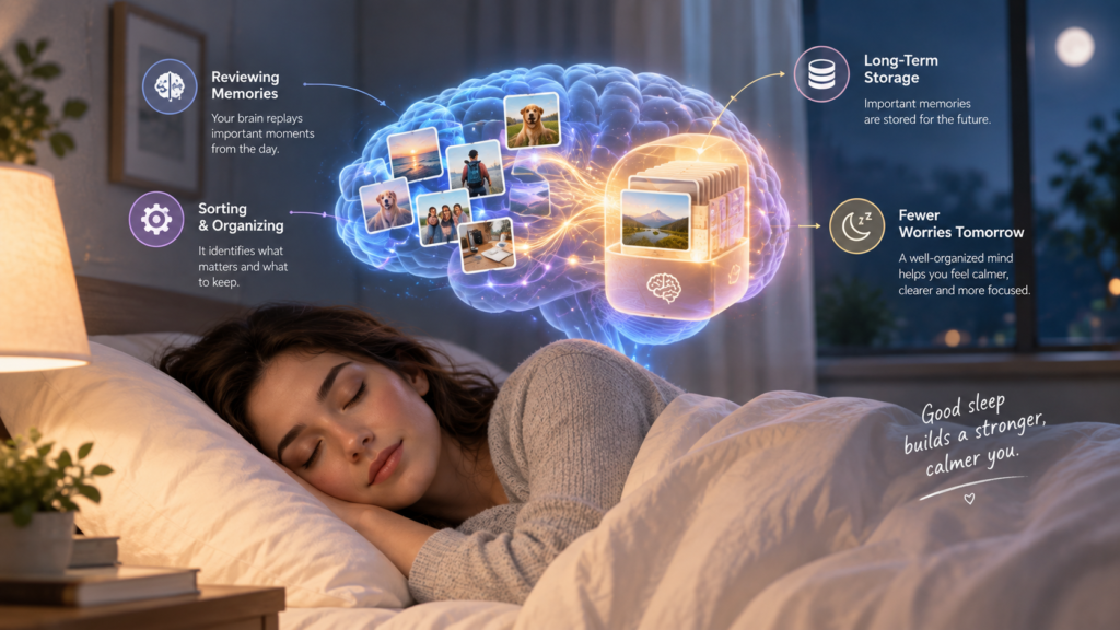 Illustration of the brain carefully organizing memories into long-term storage while a person sleeps peacefully