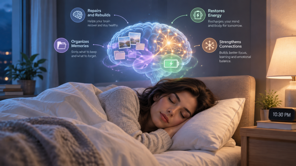 Illustration of a sleeping brain repairing, organizing memories, and restoring energy throughout the night