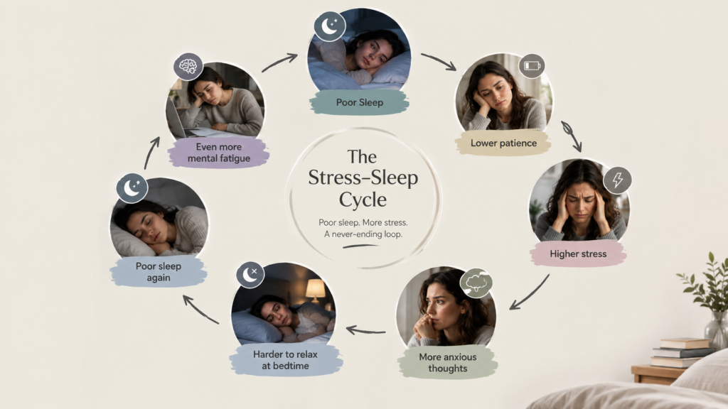 Circular illustration showing poor sleep leading to stress, anxiety, mental fatigue, and difficulty sleeping again