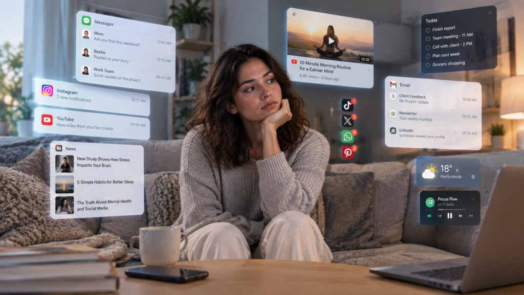 Woman physically resting while her attention remains focused on digital content