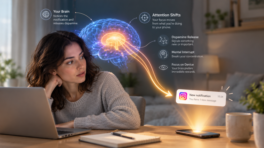 Illustration showing a brain reacting to a smartphone notification with attention shifting toward the device