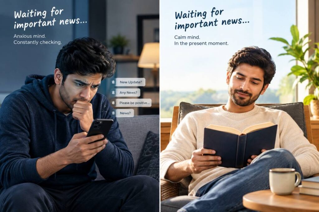 Split-screen image showing one person anxiously checking their phone and another peacefully reading a book while waiting for important news