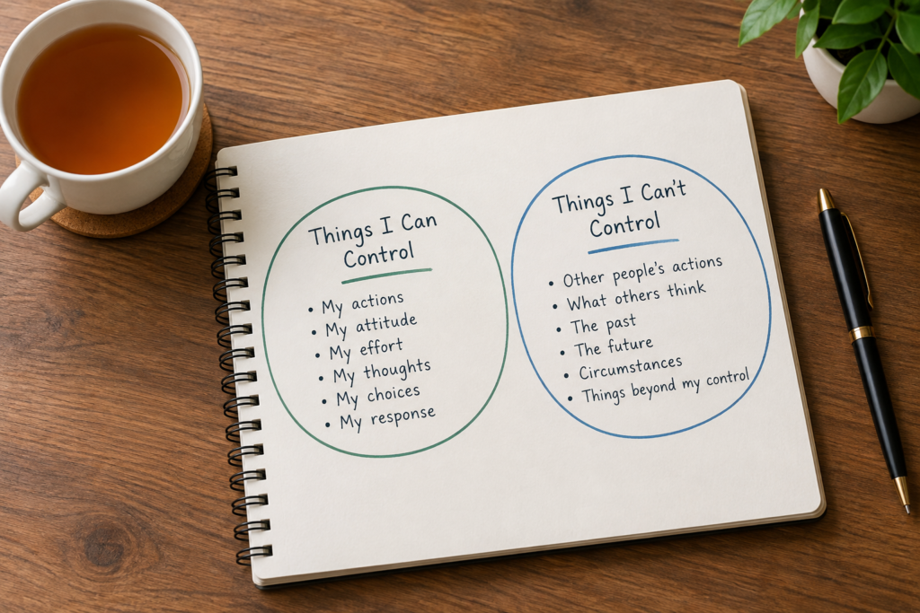 Notebook showing two circles labeled "Things I Can Control" and "Things I Can't Control," surrounded by a cup of tea and a pen