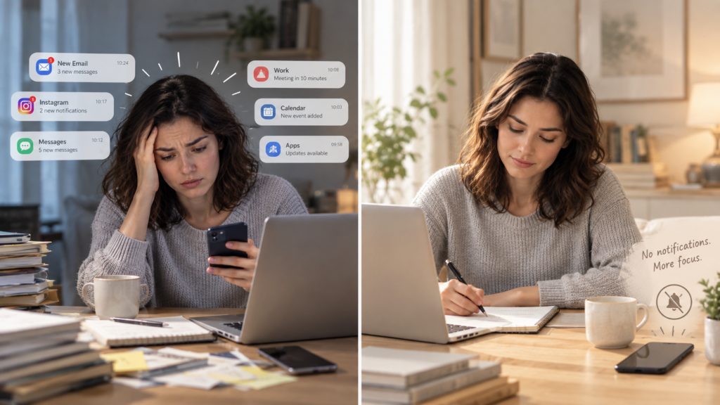 Split-screen showing one person constantly interrupted by phone notifications and another working peacefully with a silent phone