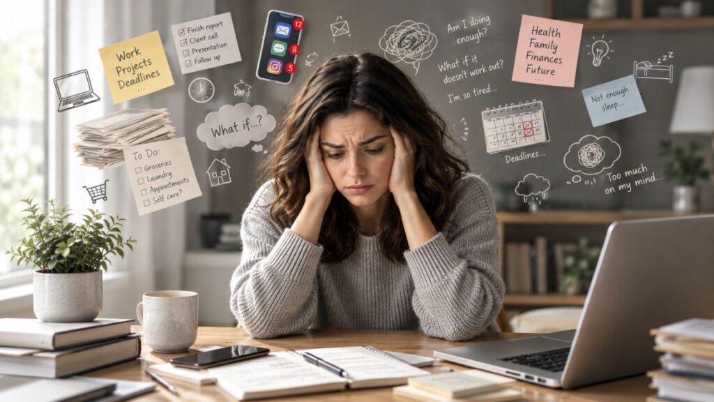 Illustration showing a person's mind overloaded with multiple responsibilities, notifications, deadlines, and worries