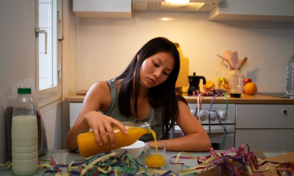 Person looking overwhelmed while dealing with a small everyday inconvenience in a kitchen, appearing emotionally exhausted