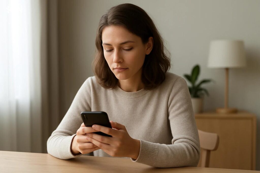 Woman checking her phone for reassurance while feeling uncertain